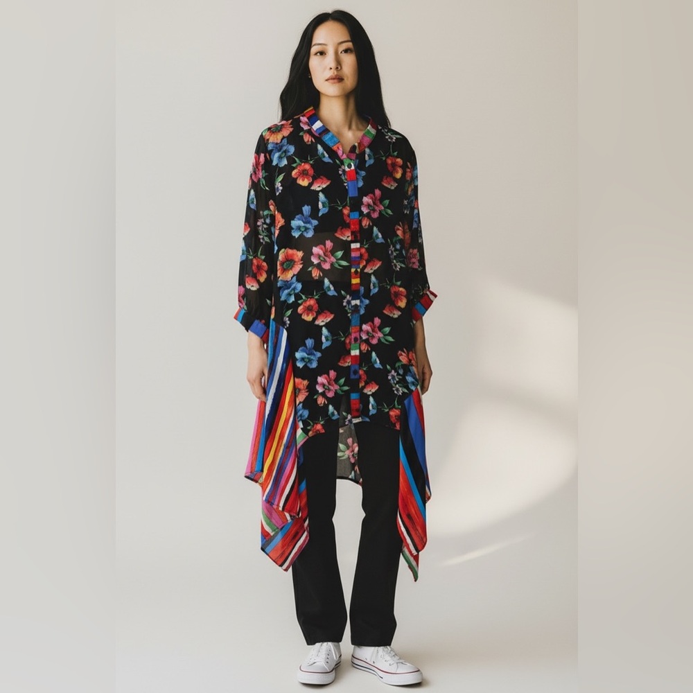 Floral Handkerchief Hem Blouse Top Black Multicolor Stripe Boho Artsy Hippie